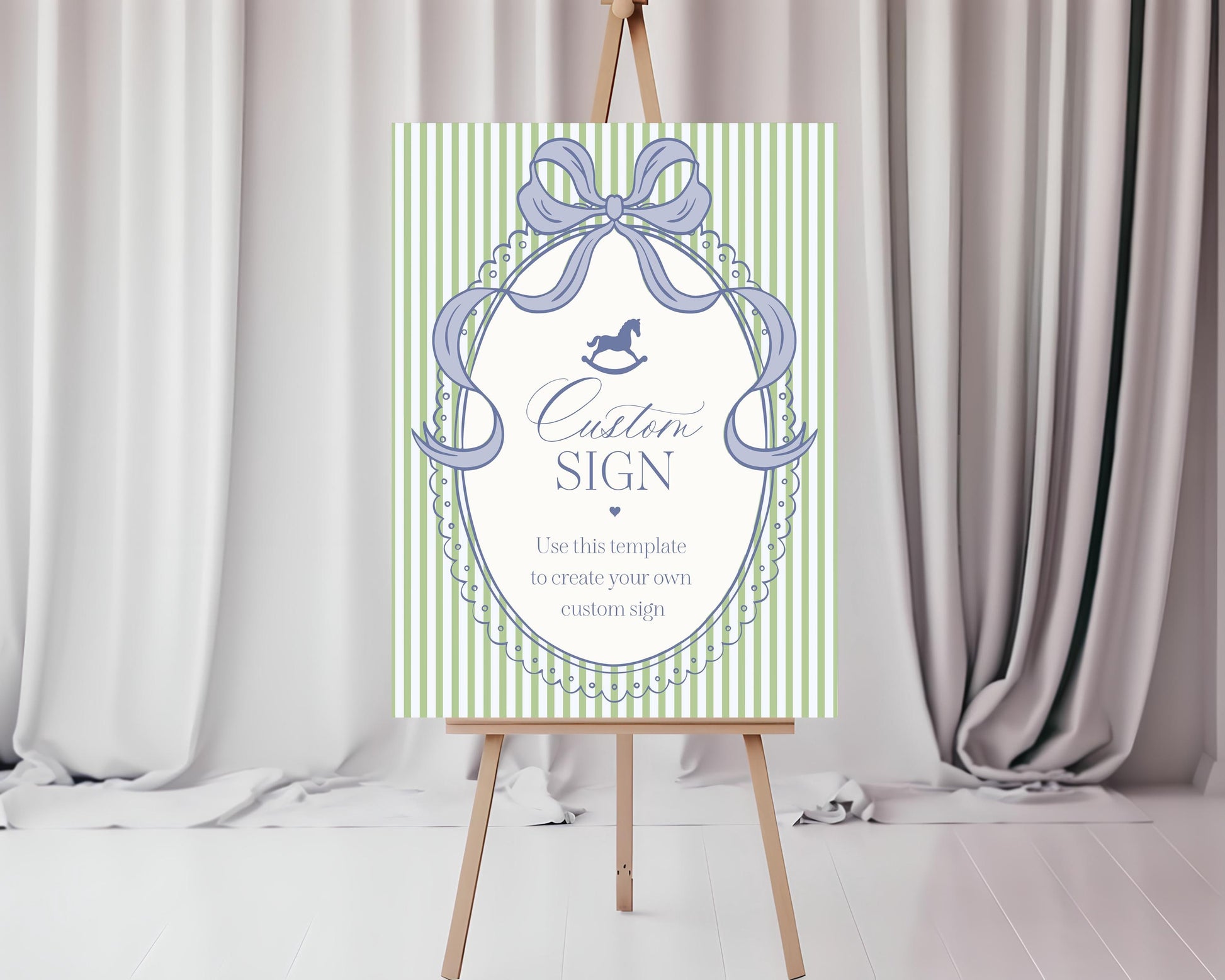Green and Blue Coquette Bow Rocking Horse Custom Sign Template, Striped Preppy Baby Shower, Classic First Birthday Party WP1096