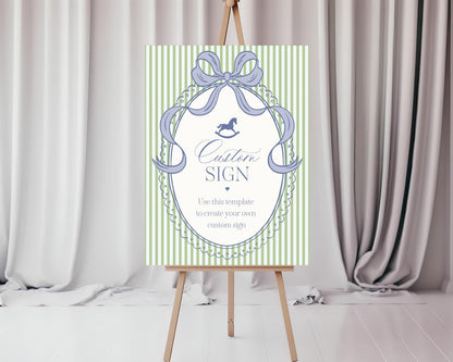 Green and Blue Coquette Bow Rocking Horse Custom Sign Template, Striped Preppy Baby Shower, Classic First Birthday Party WP1096