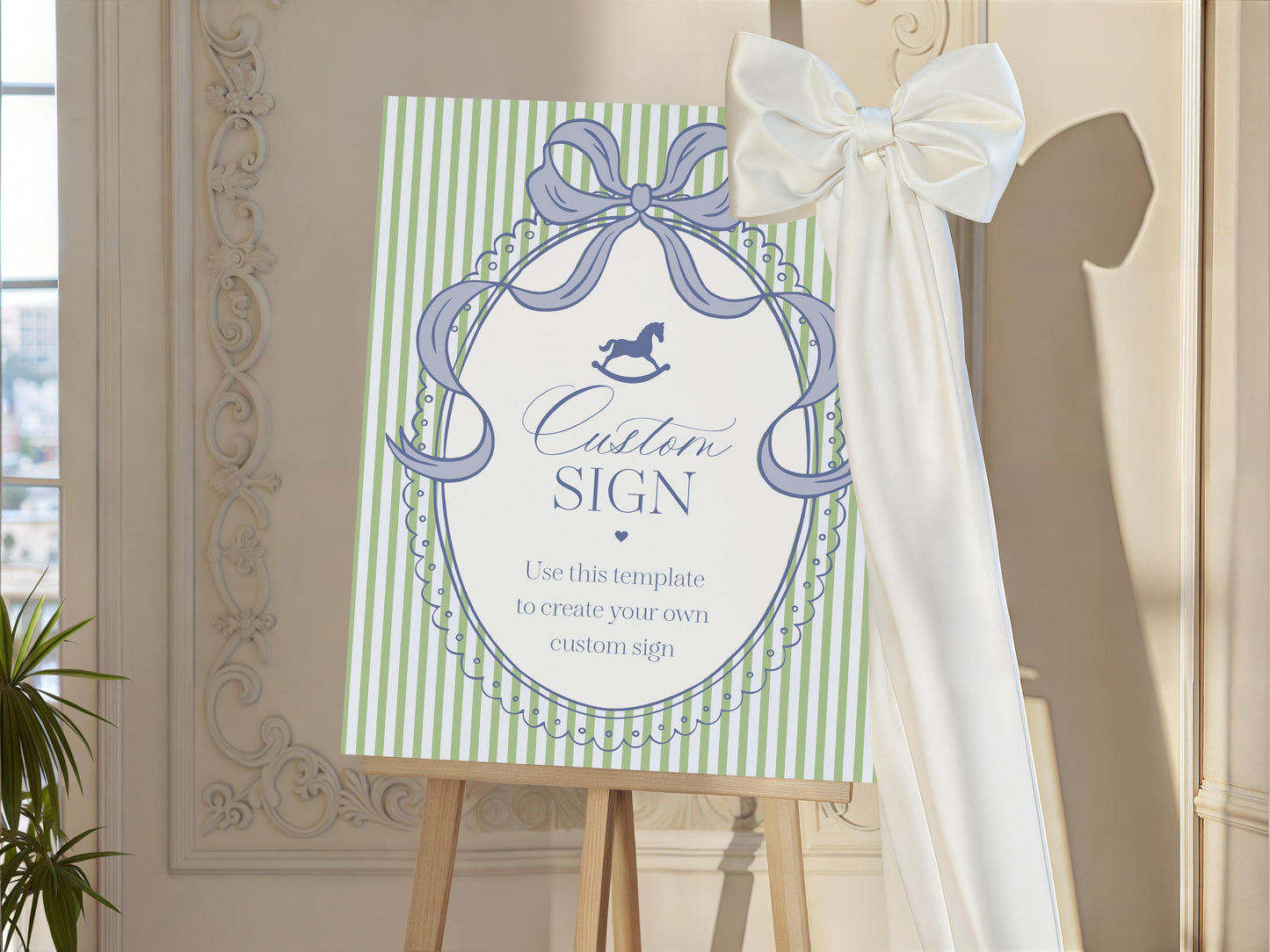 Green and Blue Coquette Bow Rocking Horse Custom Sign Template, Striped Preppy Baby Shower, Classic First Birthday Party WP1096