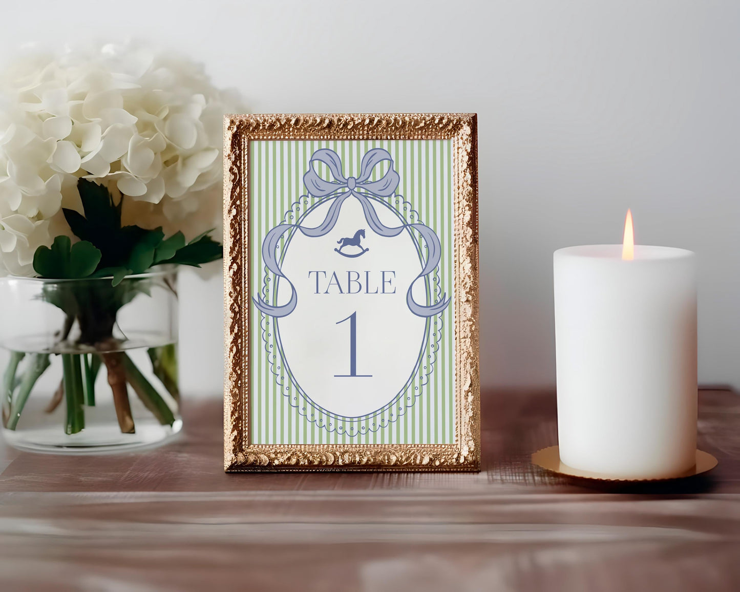 Green and Blue Coquette Bow Rocking Horse Table Number Cards Template, Striped Preppy Baby Shower, Classic First Birthday Party WP1096