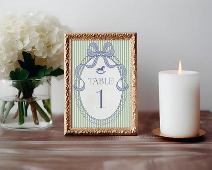 Green and Blue Coquette Bow Rocking Horse Table Number Cards Template, Striped Preppy Baby Shower, Classic First Birthday Party WP1096