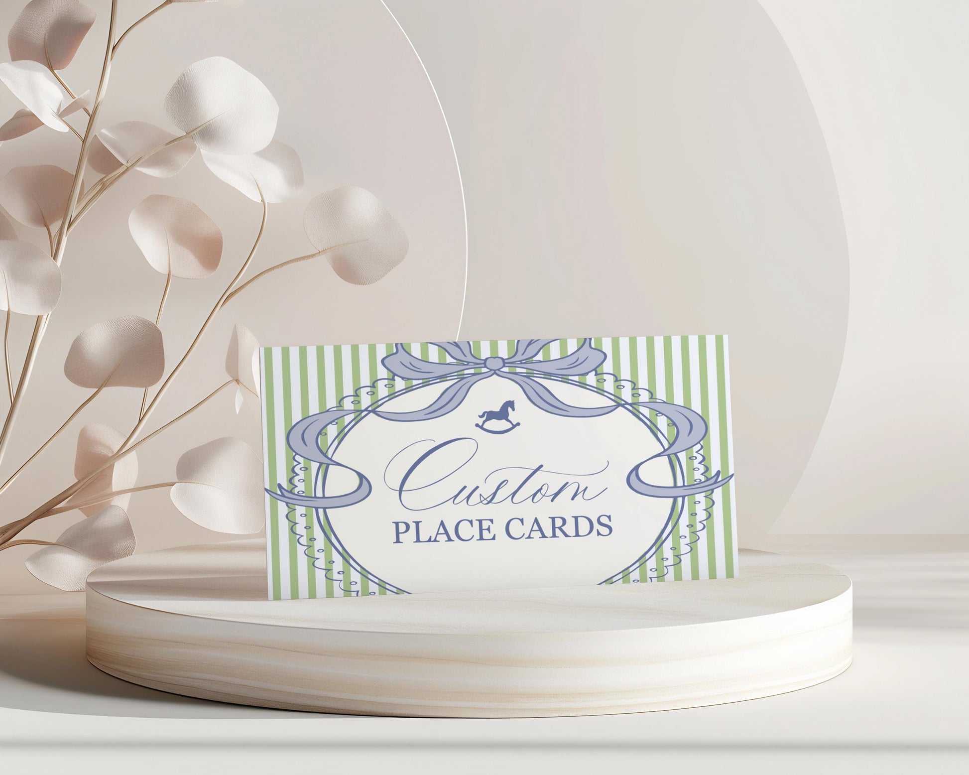 Green and Blue Coquette Bow Rocking Horse Place Cards Template, Striped Preppy Baby Shower, Classic First Birthday Party WP1096