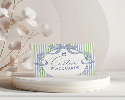 Green and Blue Coquette Bow Rocking Horse Place Cards Template, Striped Preppy Baby Shower, Classic First Birthday Party WP1096