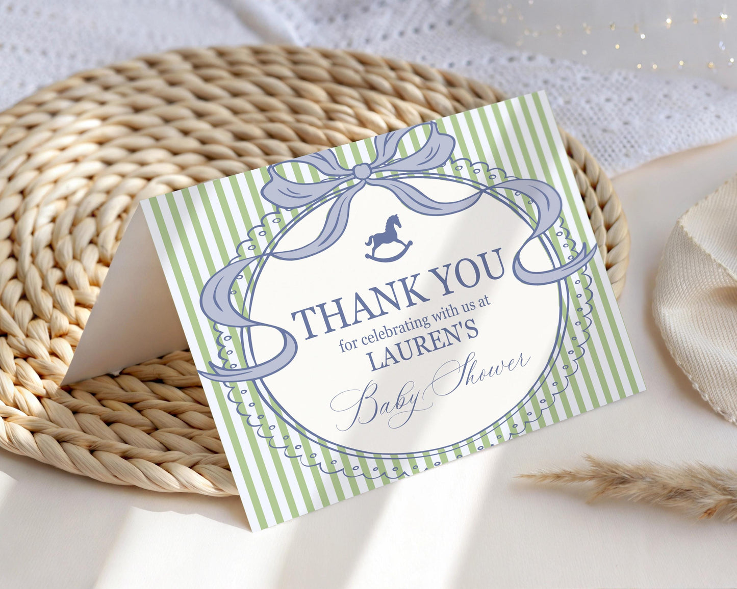 Green and Blue Coquette Bow Rocking Horse Thank You Card Template, Striped Preppy Baby Shower, Classic First Birthday Party WP1096