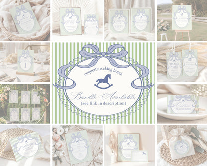 Green and Blue Coquette Bow Rocking Horse Thank You Card Template, Striped Preppy Baby Shower, Classic First Birthday Party WP1096
