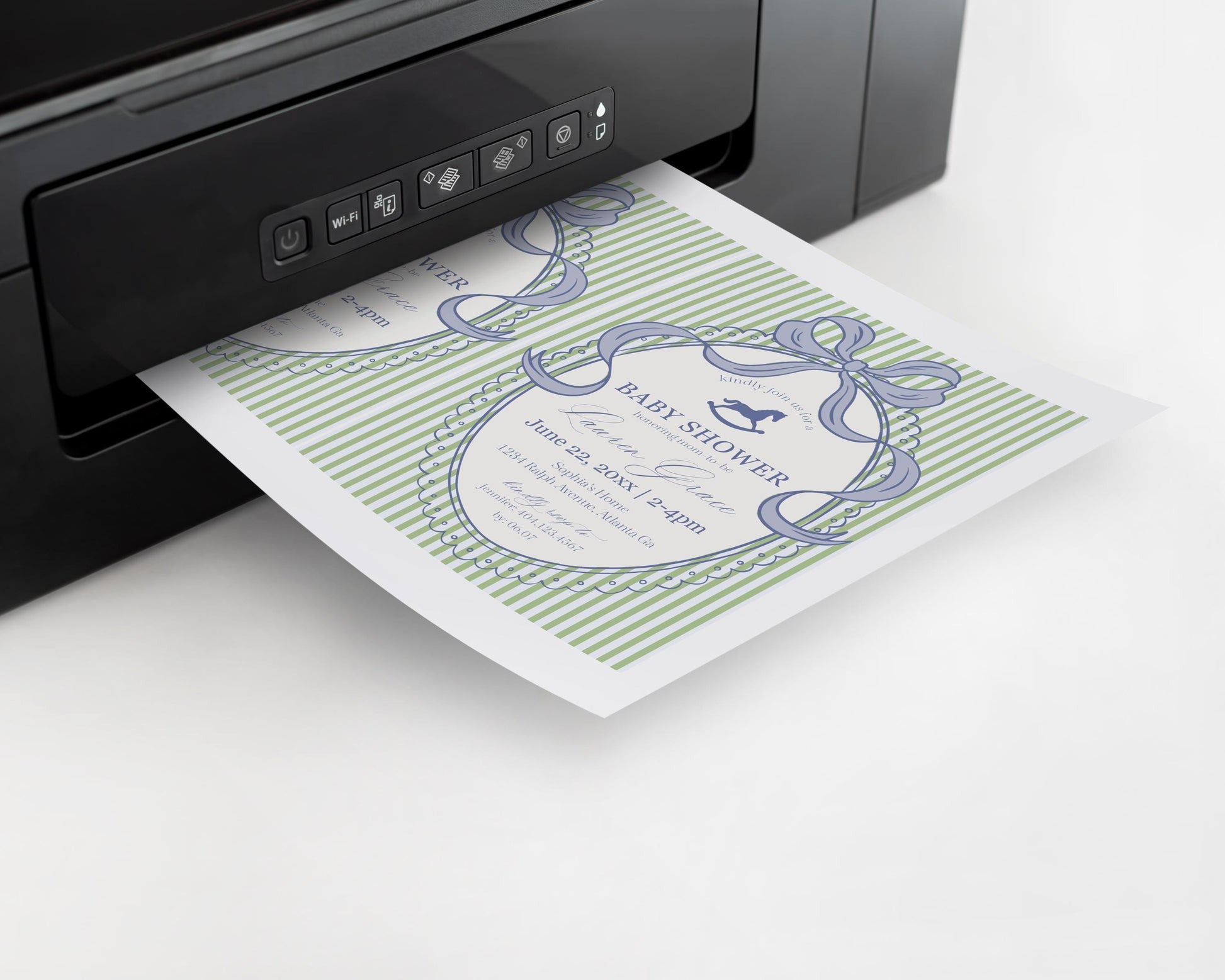 Green and Blue Coquette Bow Rocking Horse Baby Shower Games Template, Striped Preppy Baby Sprinkle WP1096