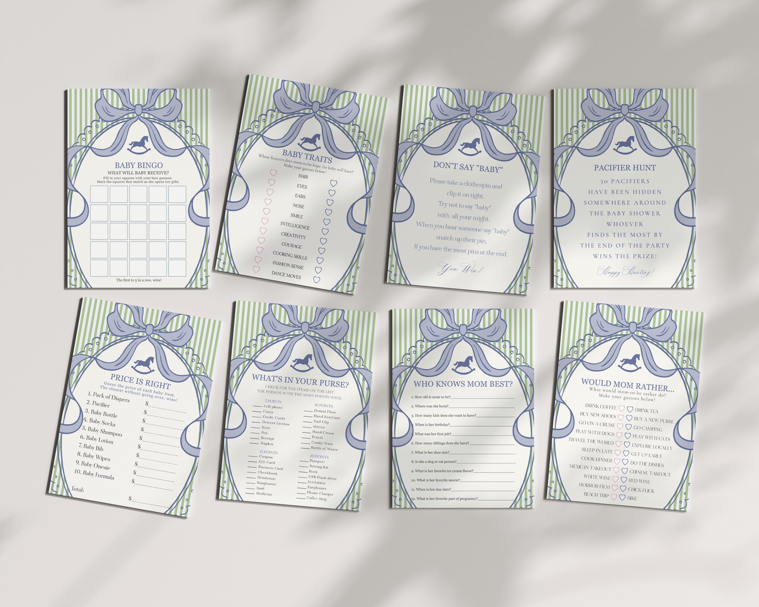 Green and Blue Coquette Bow Rocking Horse Baby Shower Games Template, Striped Preppy Baby Sprinkle WP1096