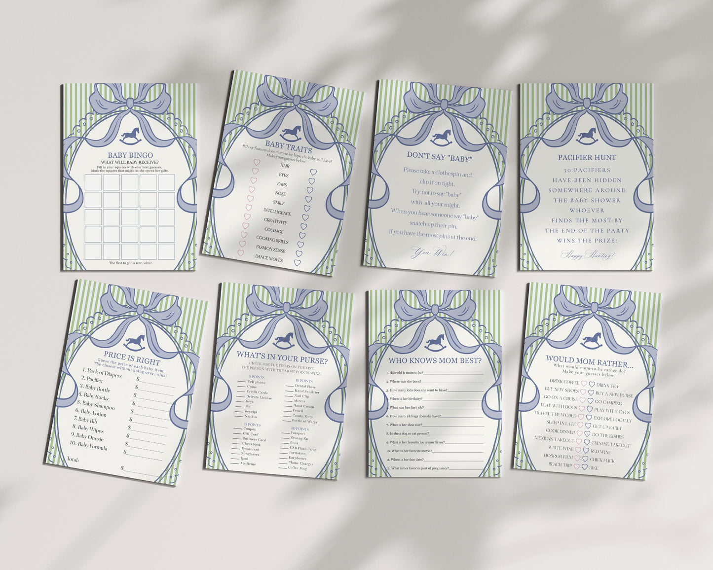 Green and Blue Coquette Bow Rocking Horse Baby Shower Games Template, Striped Preppy Baby Sprinkle WP1096