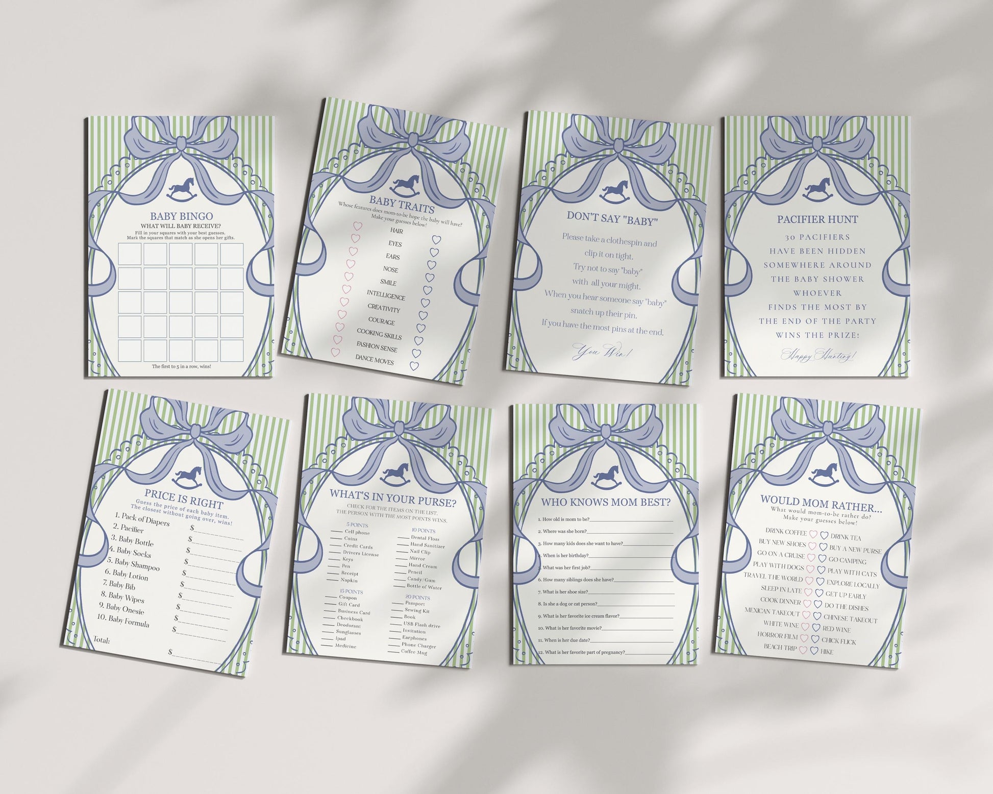 Green and Blue Coquette Bow Rocking Horse Baby Shower Games Template, Striped Preppy Baby Sprinkle WP1096