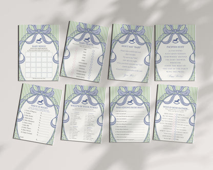 Green and Blue Coquette Bow Rocking Horse Baby Shower Games Template, Striped Preppy Baby Sprinkle WP1096