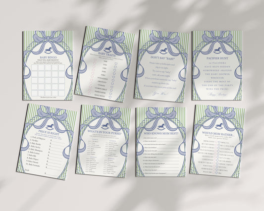 Green and Blue Coquette Bow Rocking Horse Baby Shower Games Template, Striped Preppy Baby Sprinkle WP1096