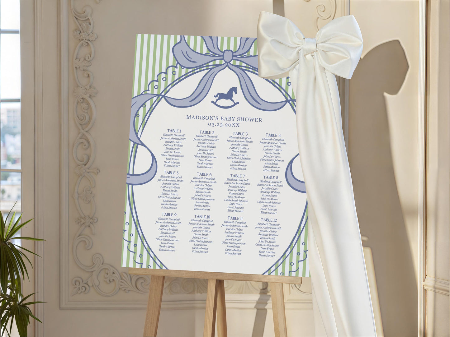 Green and Blue Coquette Bow Rocking Horse Seating Chart Cards Template, Striped Preppy Baby Shower, Classic First Birthday Party WP1096