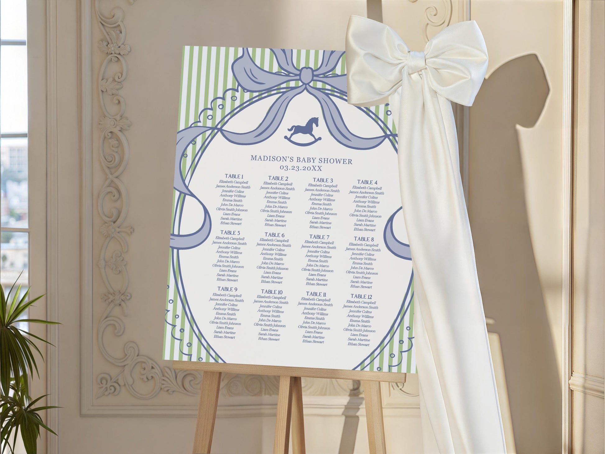 Green and Blue Coquette Bow Rocking Horse Seating Chart Poster Template, Striped Preppy Baby Shower, Classic First Birthday Party WP1096