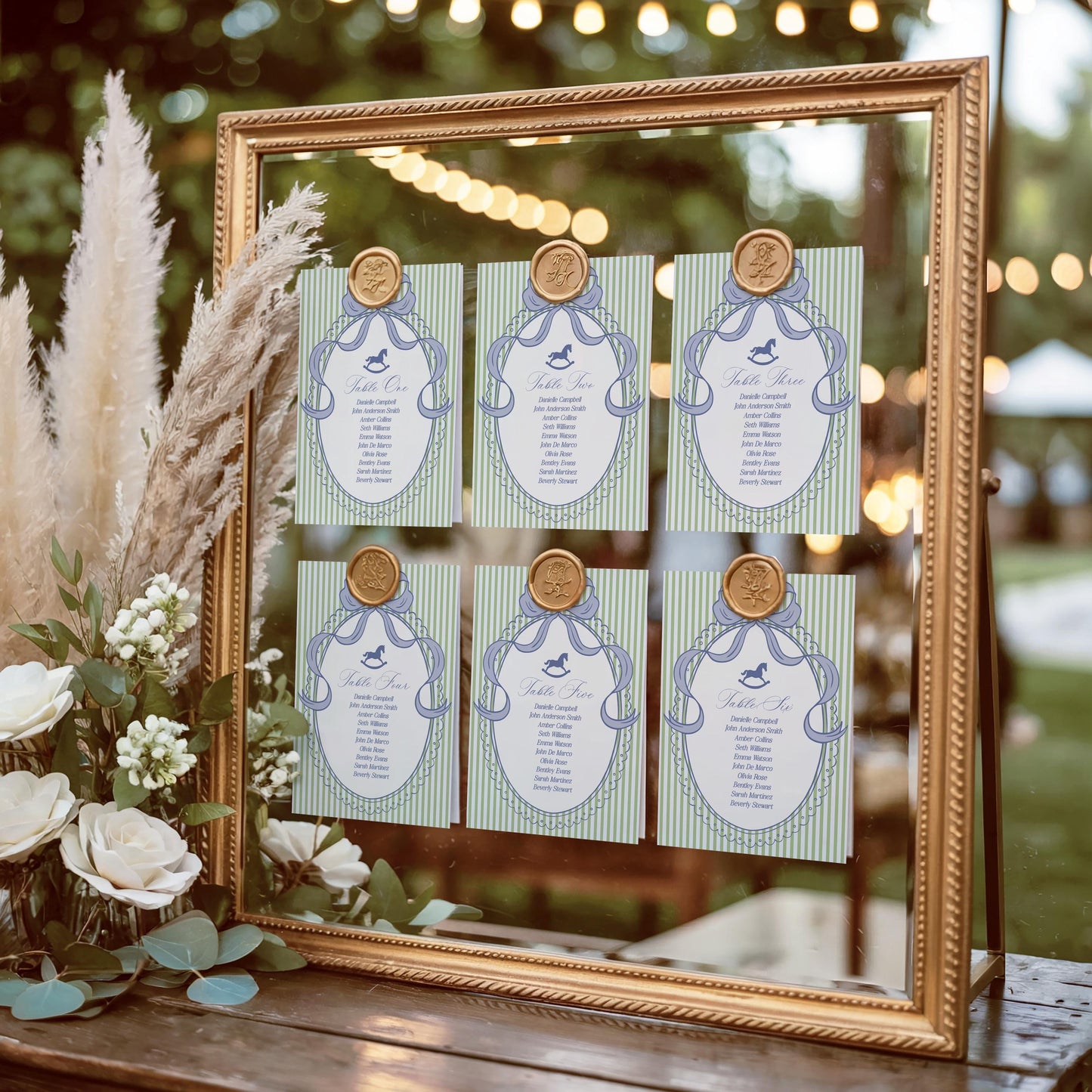 Green and Blue Coquette Bow Rocking Horse Seating Chart Poster Template, Striped Preppy Baby Shower, Classic First Birthday Party WP1096