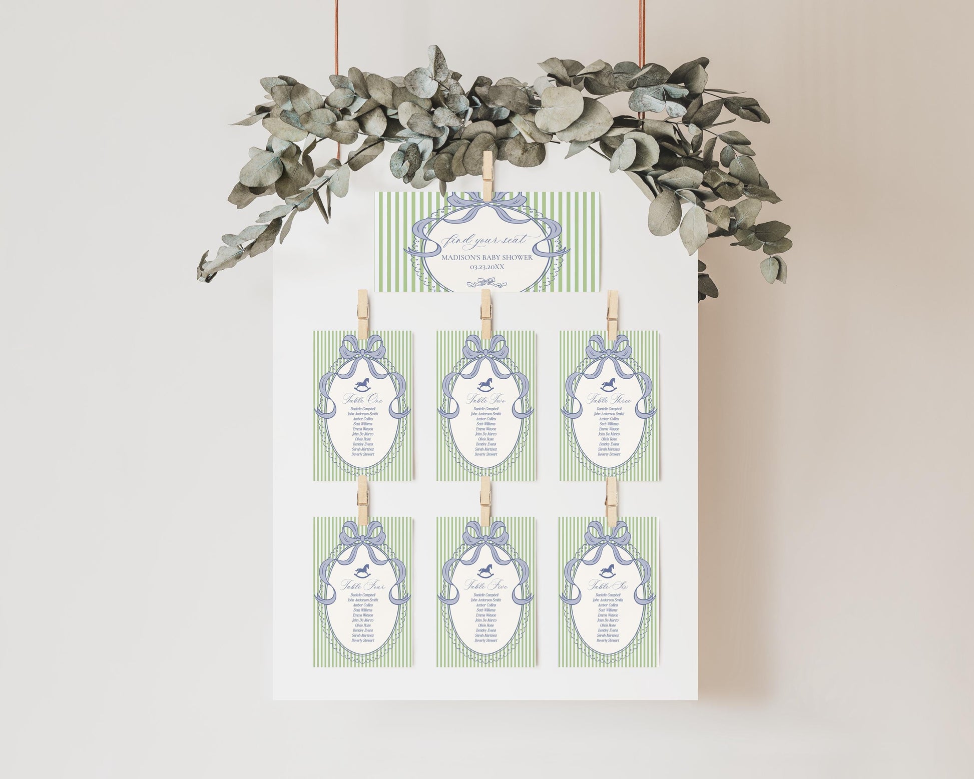 Green and Blue Coquette Bow Rocking Horse Seating Chart Cards Template, Striped Preppy Baby Shower, Classic First Birthday Party WP1096