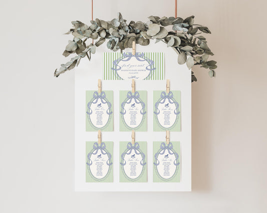 Green and Blue Coquette Bow Rocking Horse Seating Chart Cards Template, Striped Preppy Baby Shower, Classic First Birthday Party WP1096