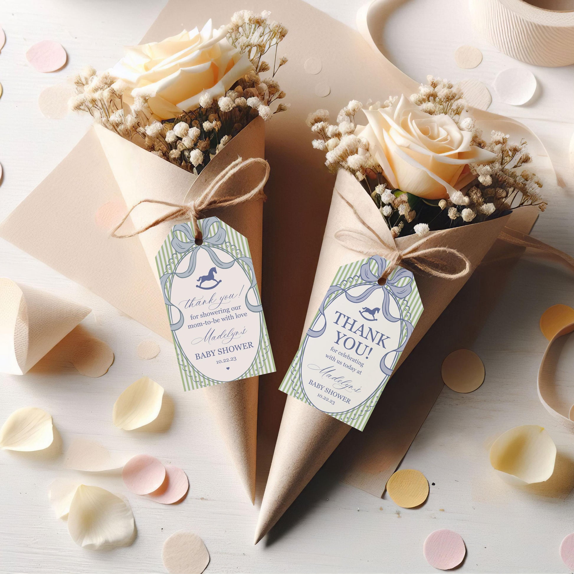 Green and Blue Coquette Bow Rocking Horse Baby Shower Favor Tags Template, Striped Preppy Baby Sprinkle WP1096