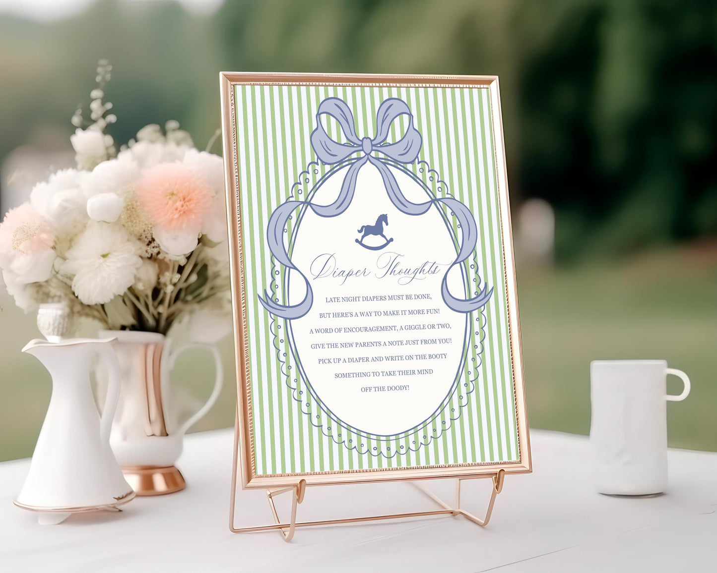 Green and Blue Coquette Bow Rocking Horse Baby Shower Diaper Thoughts Sign Template, Striped Preppy Baby Sprinkle WP1096