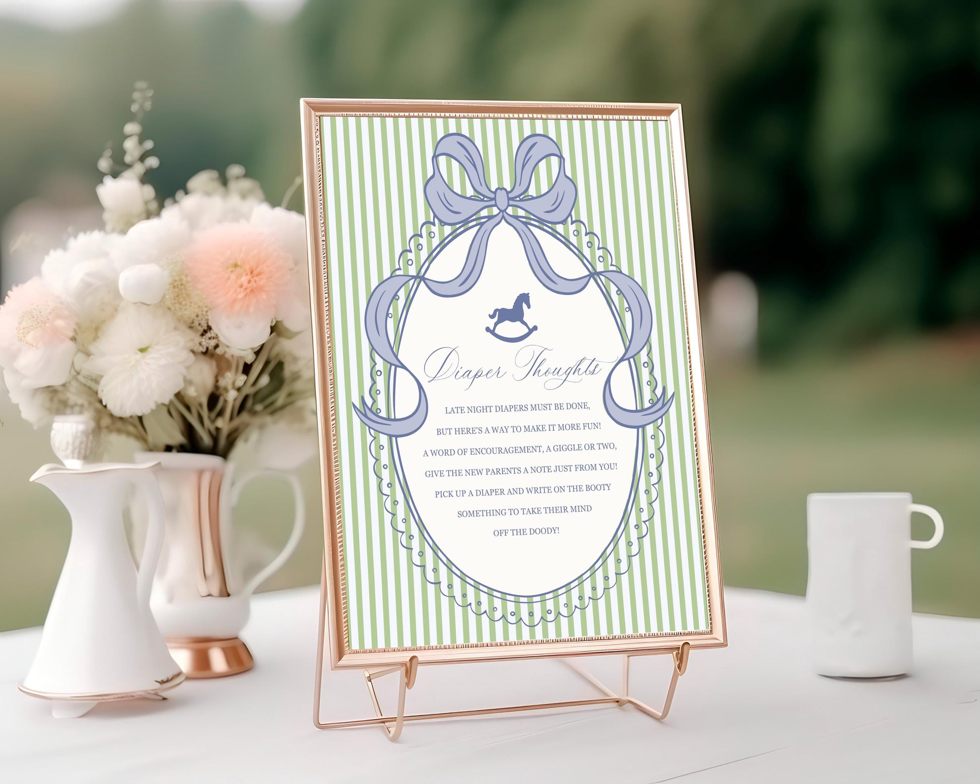 Green and Blue Coquette Bow Rocking Horse Baby Shower Diaper Thoughts Sign Template, Striped Preppy Baby Sprinkle WP1096
