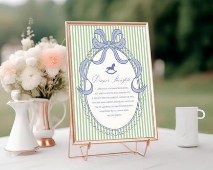 Green and Blue Coquette Bow Rocking Horse Baby Shower Diaper Thoughts Sign Template, Striped Preppy Baby Sprinkle WP1096