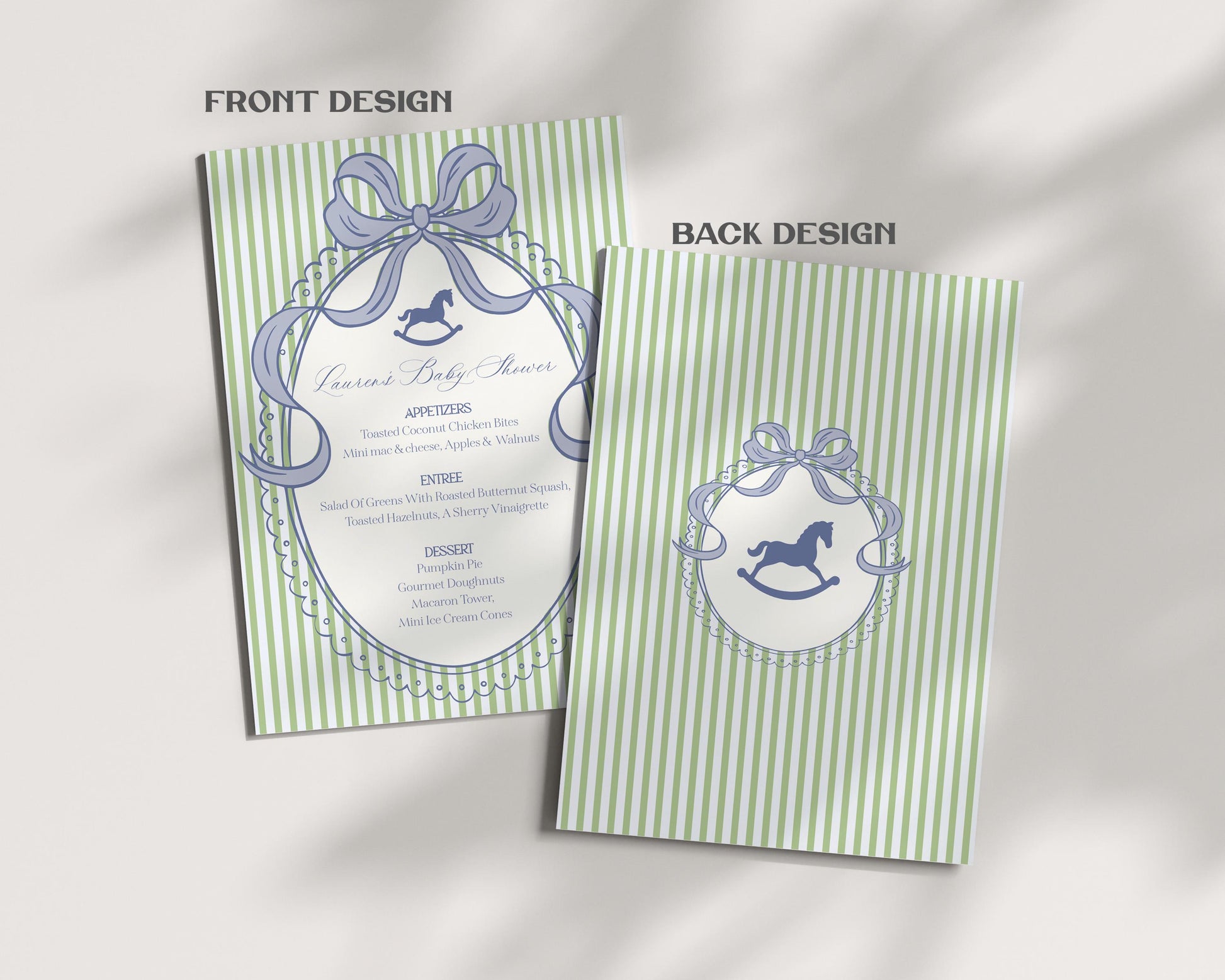 Green and Blue Coquette Bow Rocking Horse Menu Template, Striped Preppy Baby Shower, Classic First Birthday Party WP1096