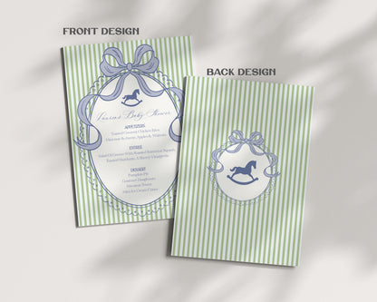 Green and Blue Coquette Bow Rocking Horse Menu Template, Striped Preppy Baby Shower, Classic First Birthday Party WP1096