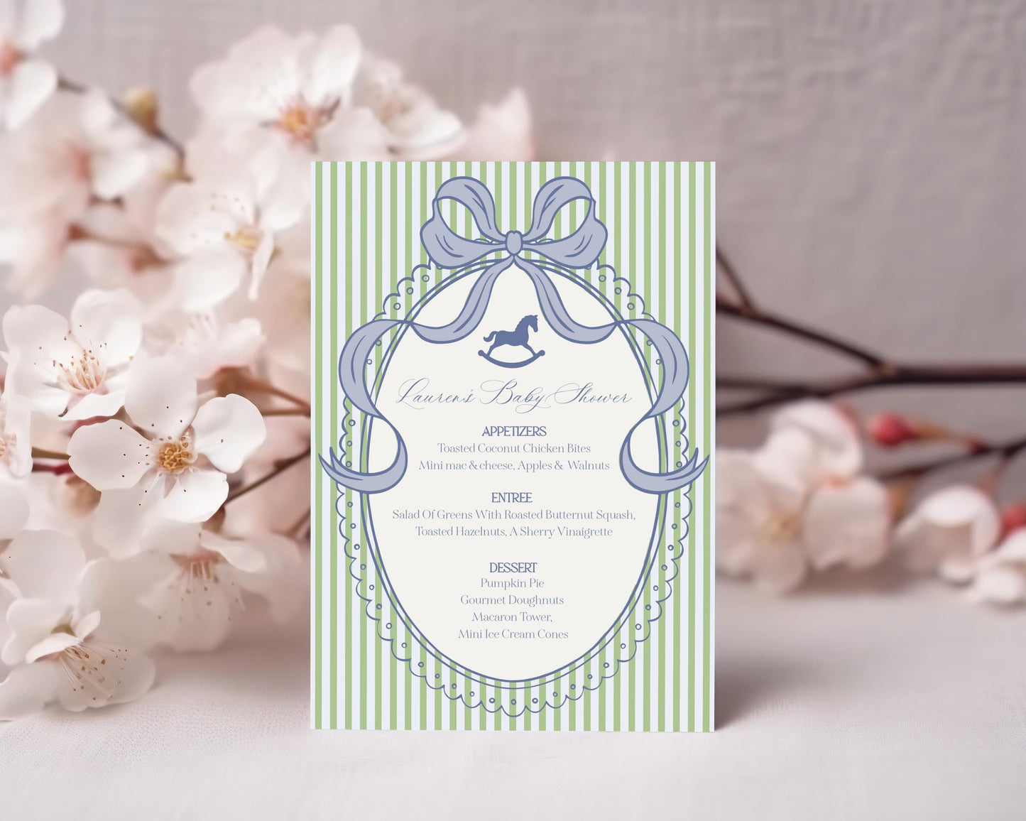 Green and Blue Coquette Bow Rocking Horse Menu Template, Striped Preppy Baby Shower, Classic First Birthday Party WP1096