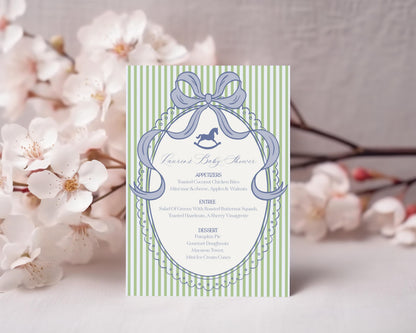 Green and Blue Coquette Bow Rocking Horse Menu Template, Striped Preppy Baby Shower, Classic First Birthday Party WP1096