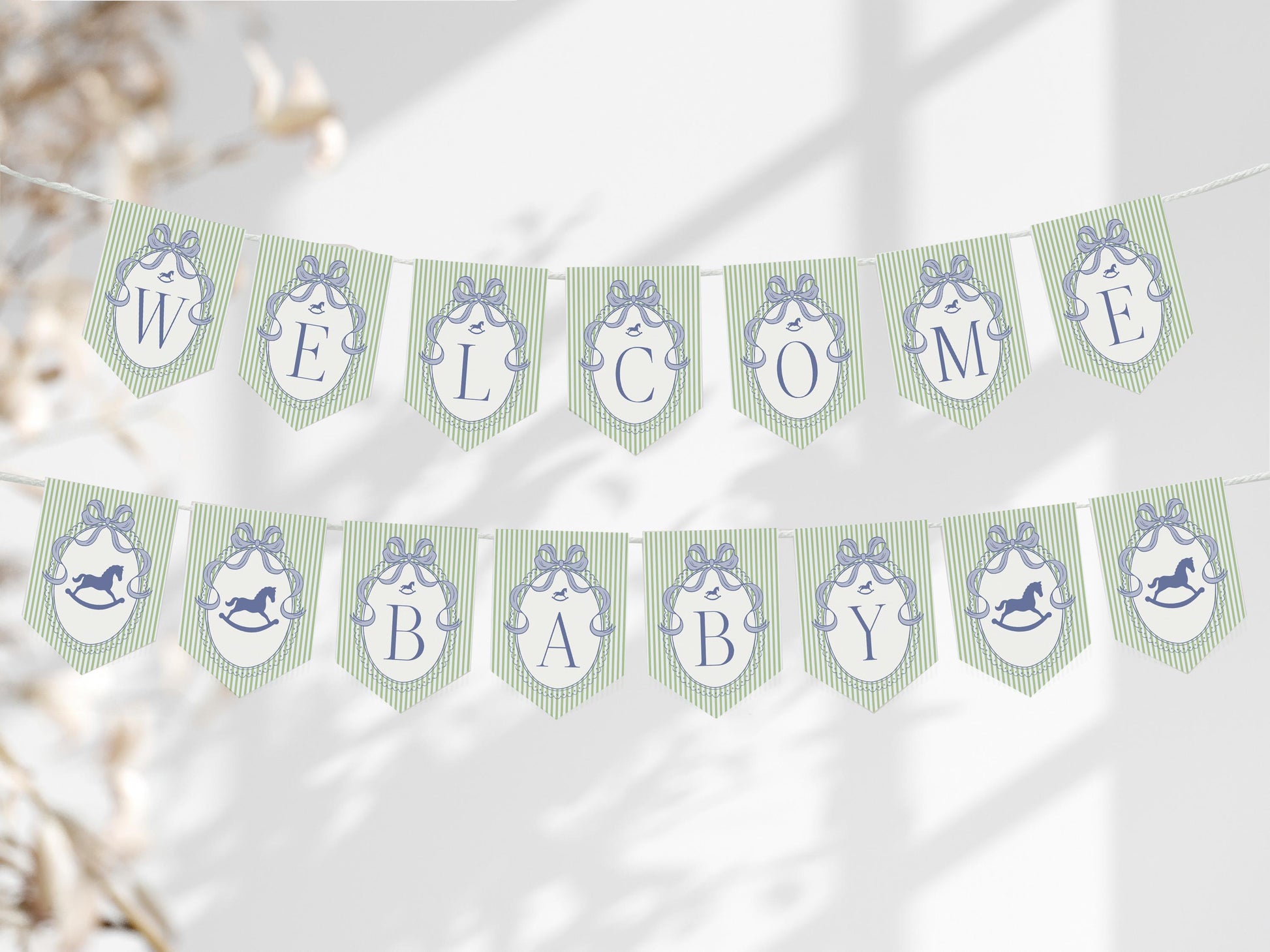 Green and Blue Coquette Bow Rocking Horse Baby Shower Banner Template, Striped Preppy Baby Sprinkle WP1096