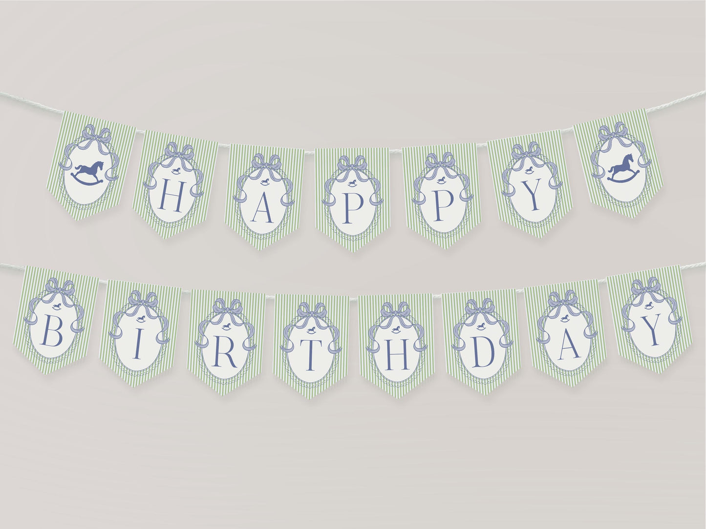 Green and Blue Coquette Bow Rocking Horse One 1st Birthday Banner Template, Preppy Striped First Birthday Party WP1096