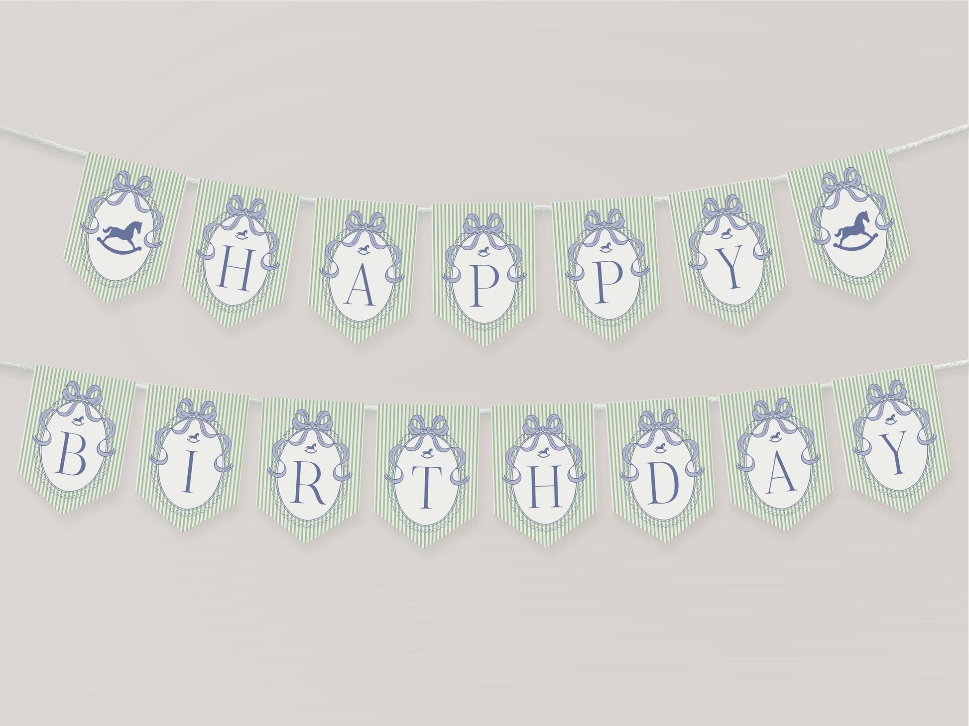 Green and Blue Coquette Bow Rocking Horse One 1st Birthday Banner Template, Preppy Striped First Birthday Party WP1096
