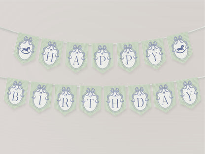 Green and Blue Coquette Bow Rocking Horse One 1st Birthday Banner Template, Preppy Striped First Birthday Party WP1096