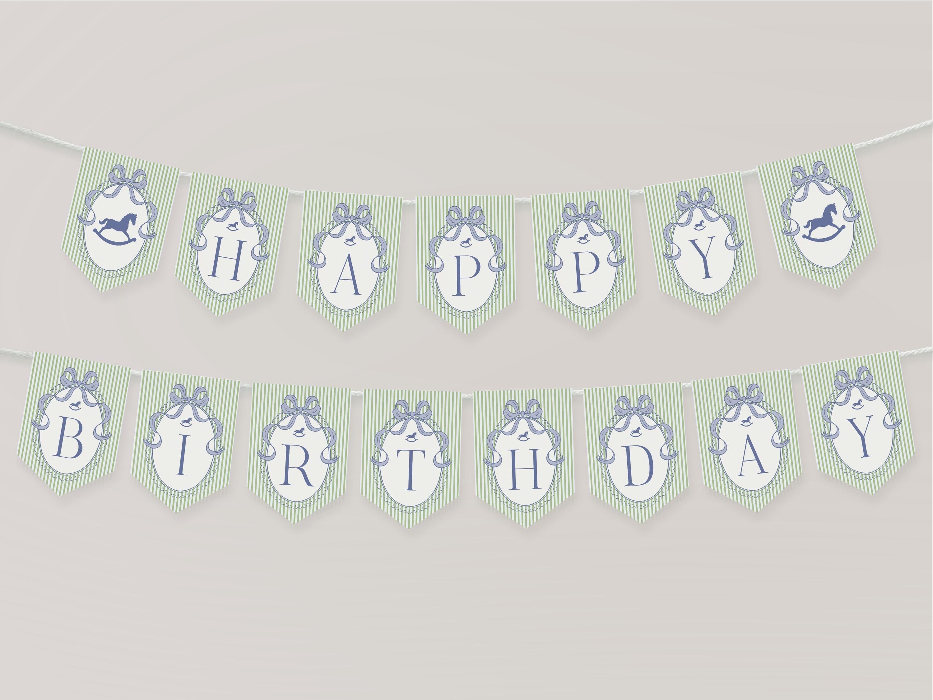 Green and Blue Coquette Bow Rocking Horse Birthday Banner Template, Preppy Striped First Birthday Party WP1096