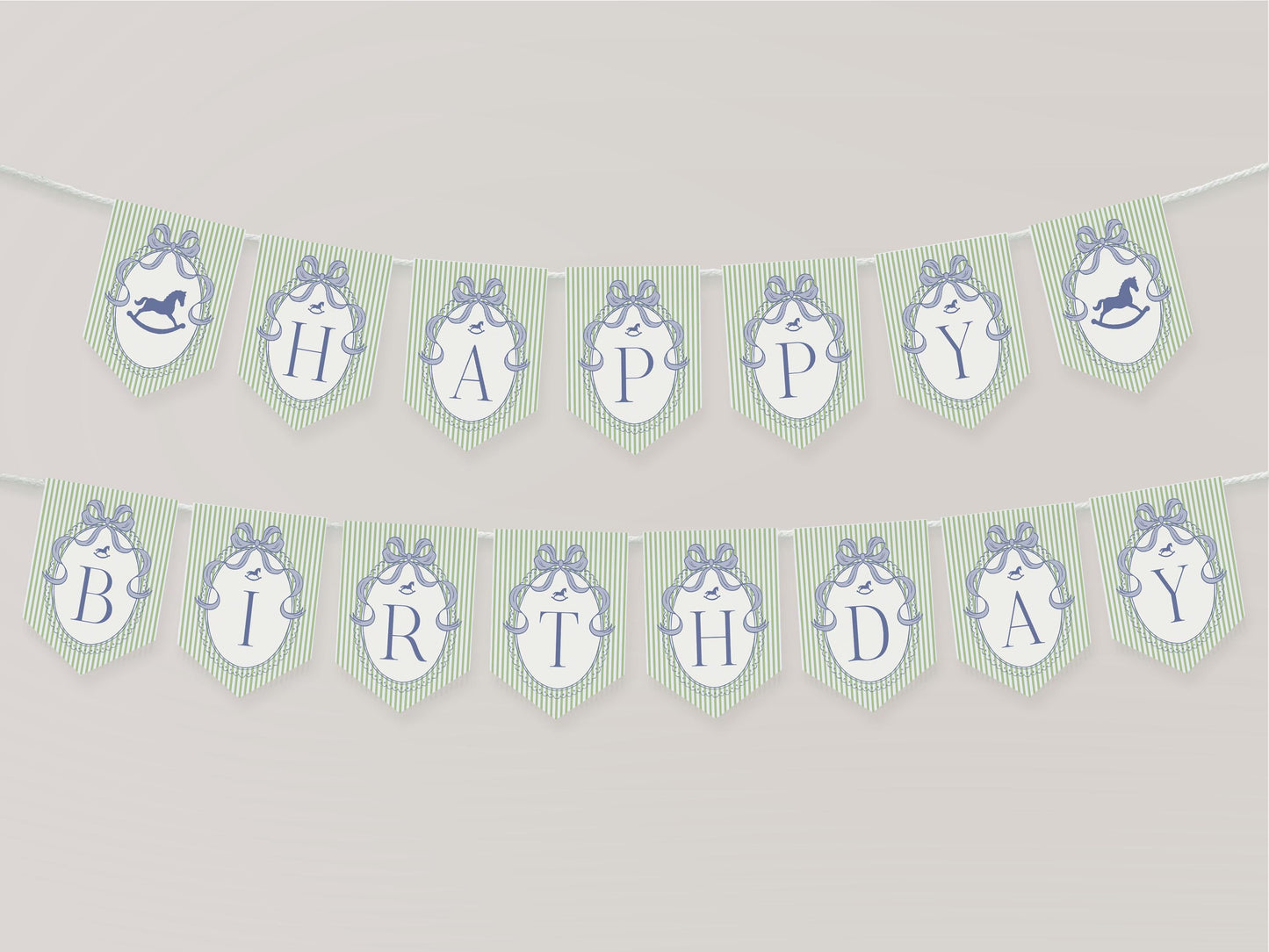 Green and Blue Coquette Bow Rocking Horse Birthday Banner Template, Preppy Striped First Birthday Party WP1096