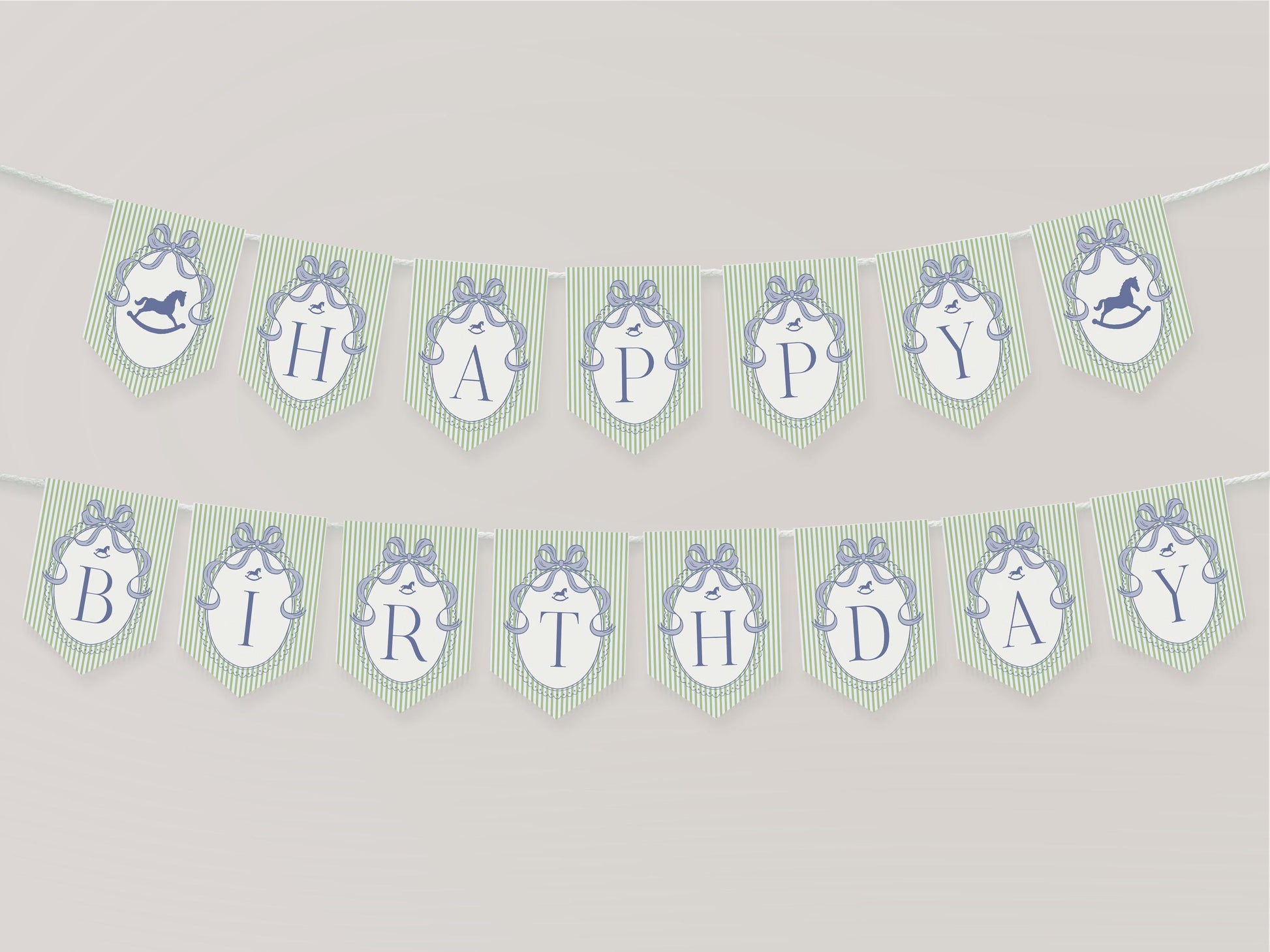 Green and Blue Coquette Bow Rocking Horse Birthday Banner Template, Preppy Striped First Birthday Party WP1096