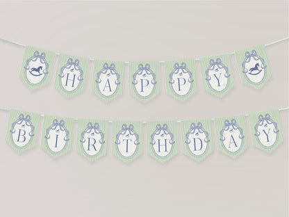 Green and Blue Coquette Bow Rocking Horse Birthday Banner Template, Preppy Striped First Birthday Party WP1096