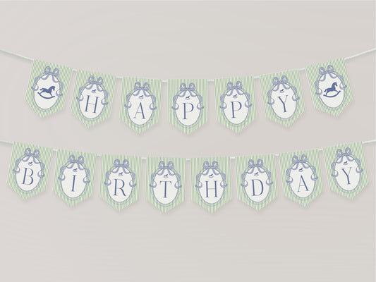 Green and Blue Coquette Bow Rocking Horse Birthday Banner Template, Preppy Striped First Birthday Party WP1096