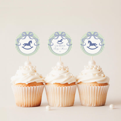 Green and Blue Coquette Bow Rocking Horse Cupcake Toppers Template, Striped Preppy Baby Shower, Classic First Birthday Party WP1096
