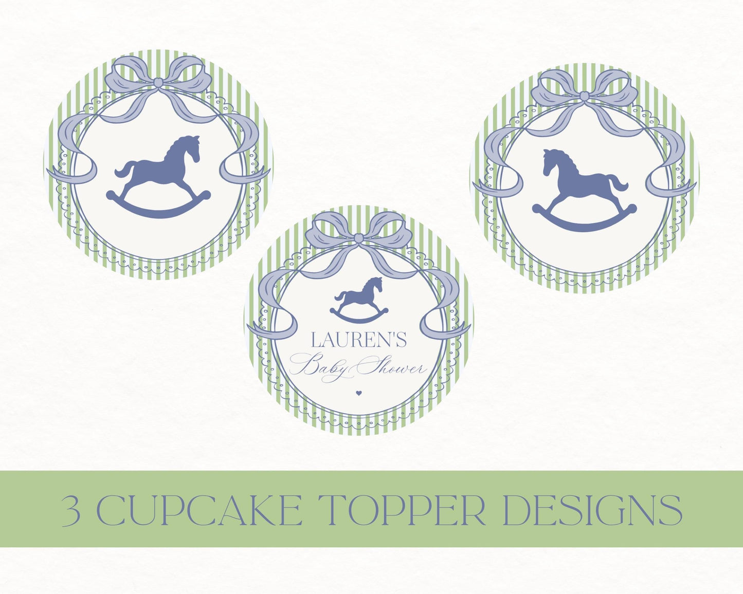 Green and Blue Coquette Bow Rocking Horse Cupcake Toppers Template, Striped Preppy Baby Shower, Classic First Birthday Party WP1096