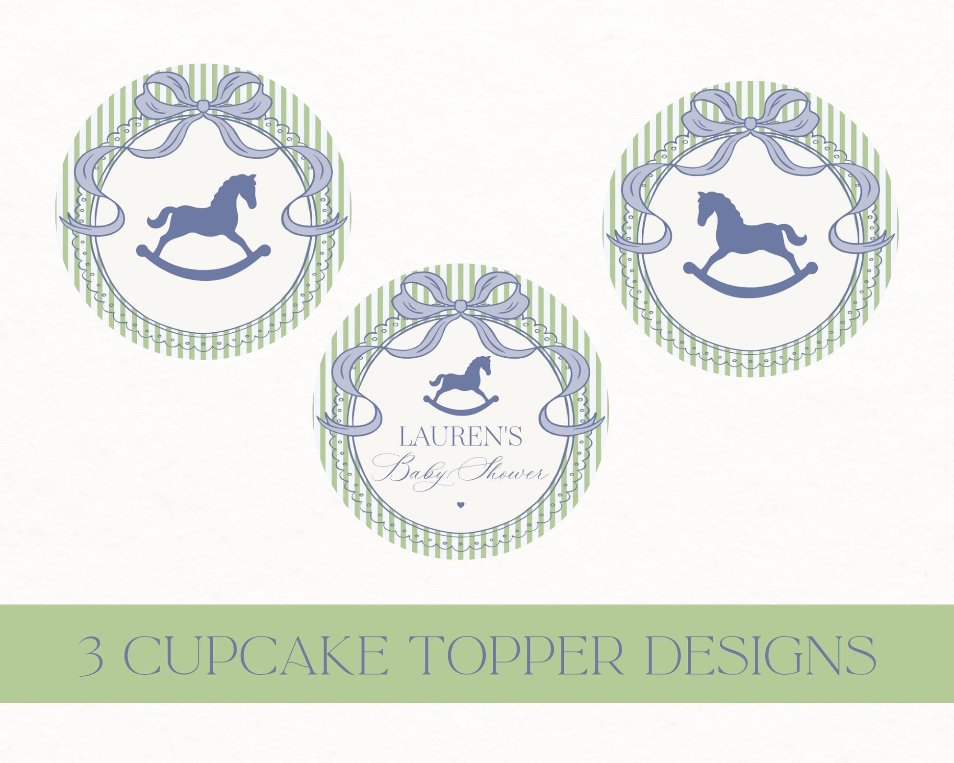 Green and Blue Coquette Bow Rocking Horse Cupcake Toppers Template, Striped Preppy Baby Shower, Classic First Birthday Party WP1096