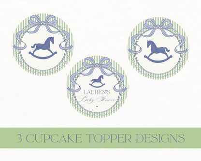 Green and Blue Coquette Bow Rocking Horse Cupcake Toppers Template, Striped Preppy Baby Shower, Classic First Birthday Party WP1096