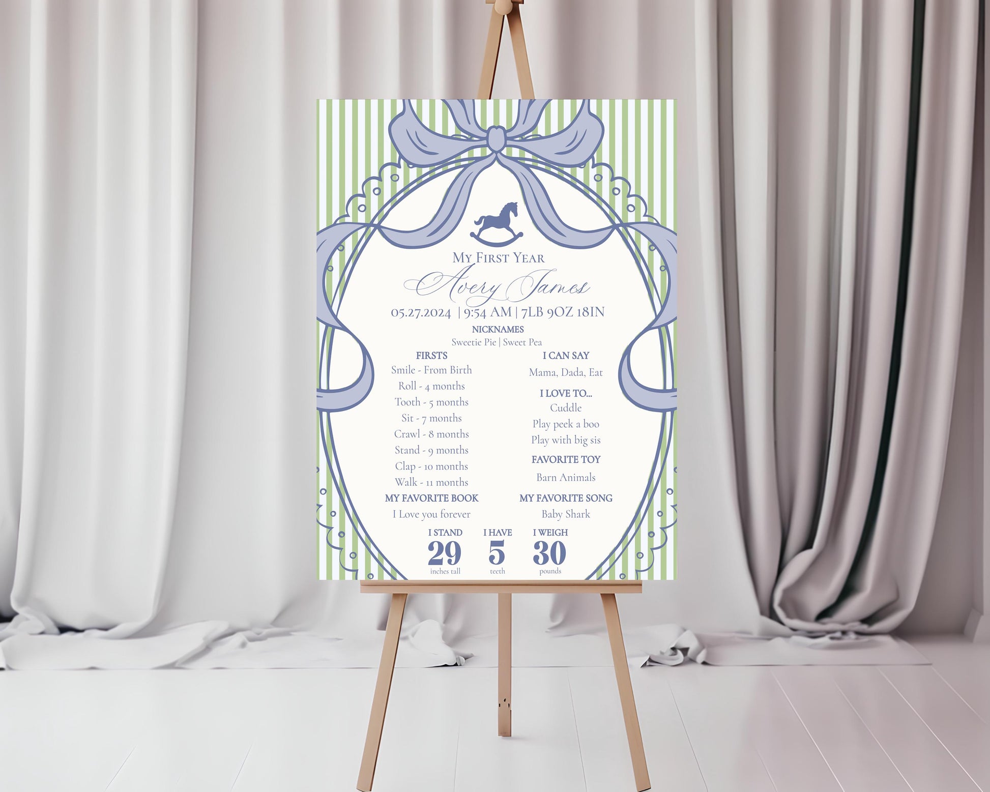 Green and Blue Coquette Bow Rocking Horse First Year Milestone Sign Printable Template, Preppy Striped First Birthday Party WP1096
