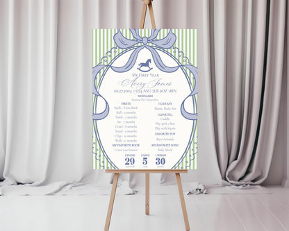Green and Blue Coquette Bow Rocking Horse First Year Milestone Sign Printable Template, Preppy Striped First Birthday Party WP1096