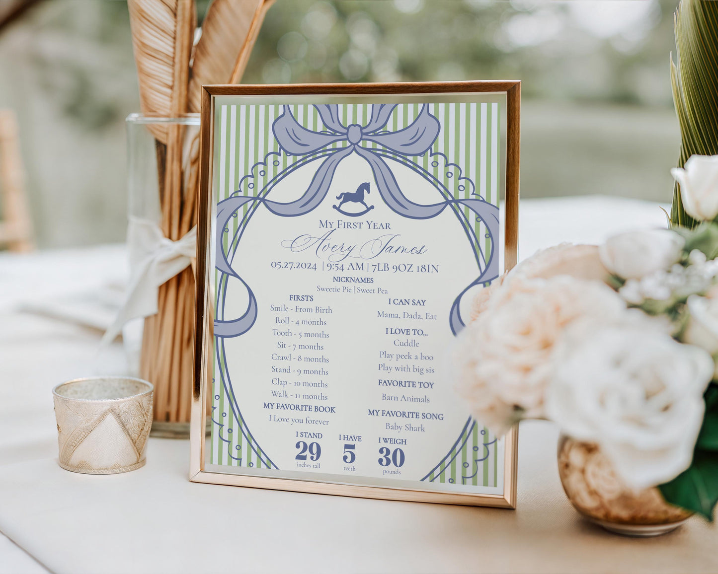 Green and Blue Coquette Bow Rocking Horse First Year Milestone Sign Printable Template, Preppy Striped First Birthday Party WP1096