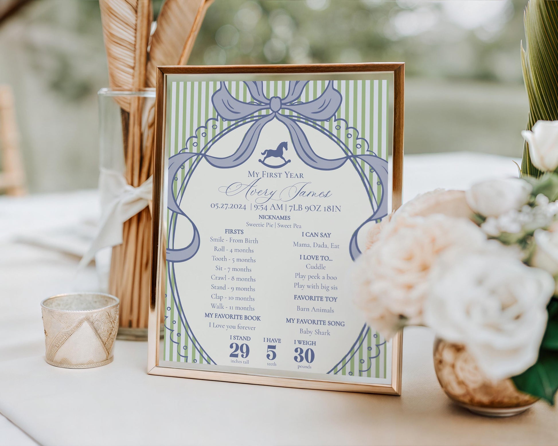 Green and Blue Coquette Bow Rocking Horse First Year Milestone Sign Printable Template, Preppy Striped First Birthday Party WP1096