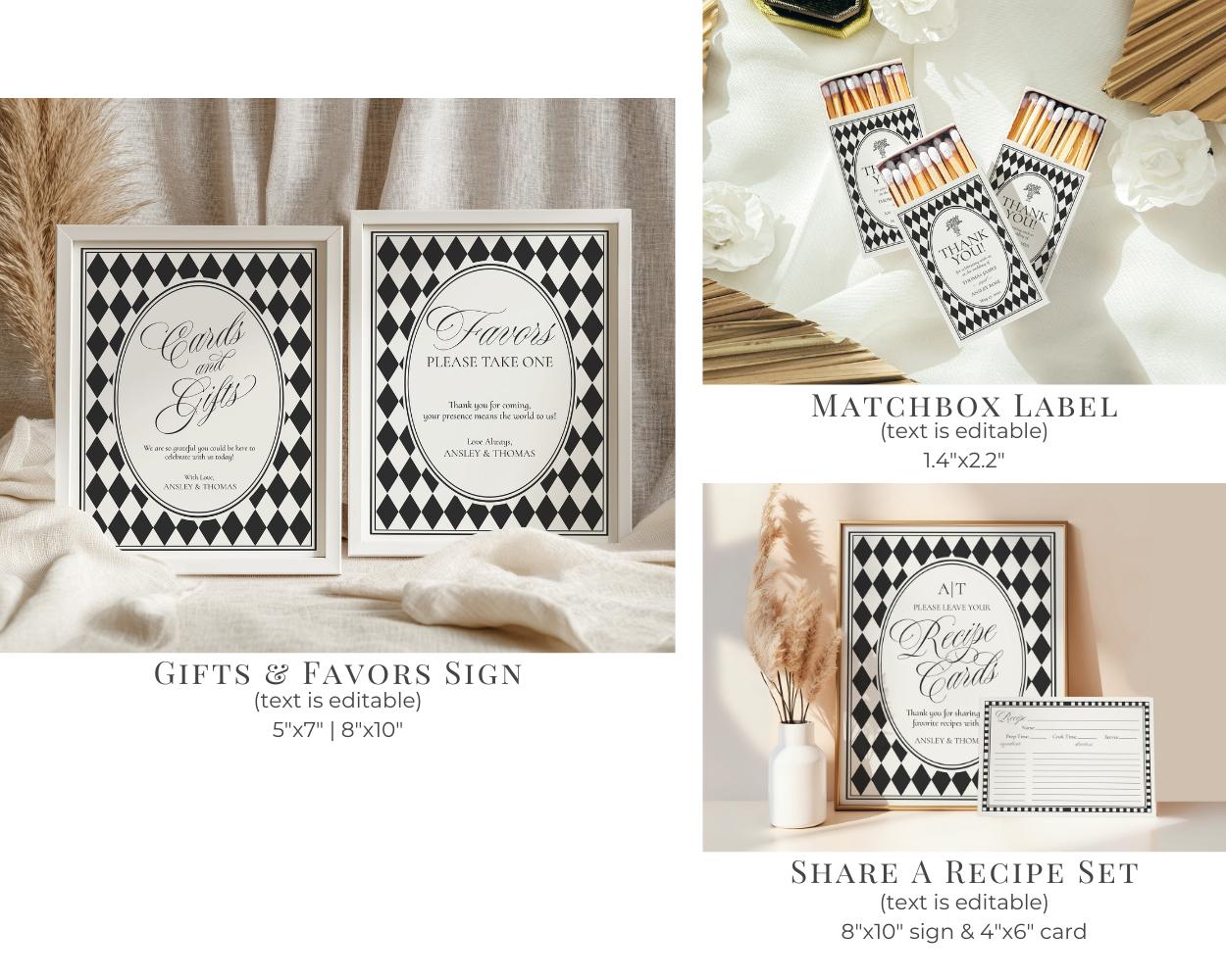 Black Harlequin Pattern Bridal Shower Template Bundle, Checkered Old Money Luxury Bridal Brunch WP1097