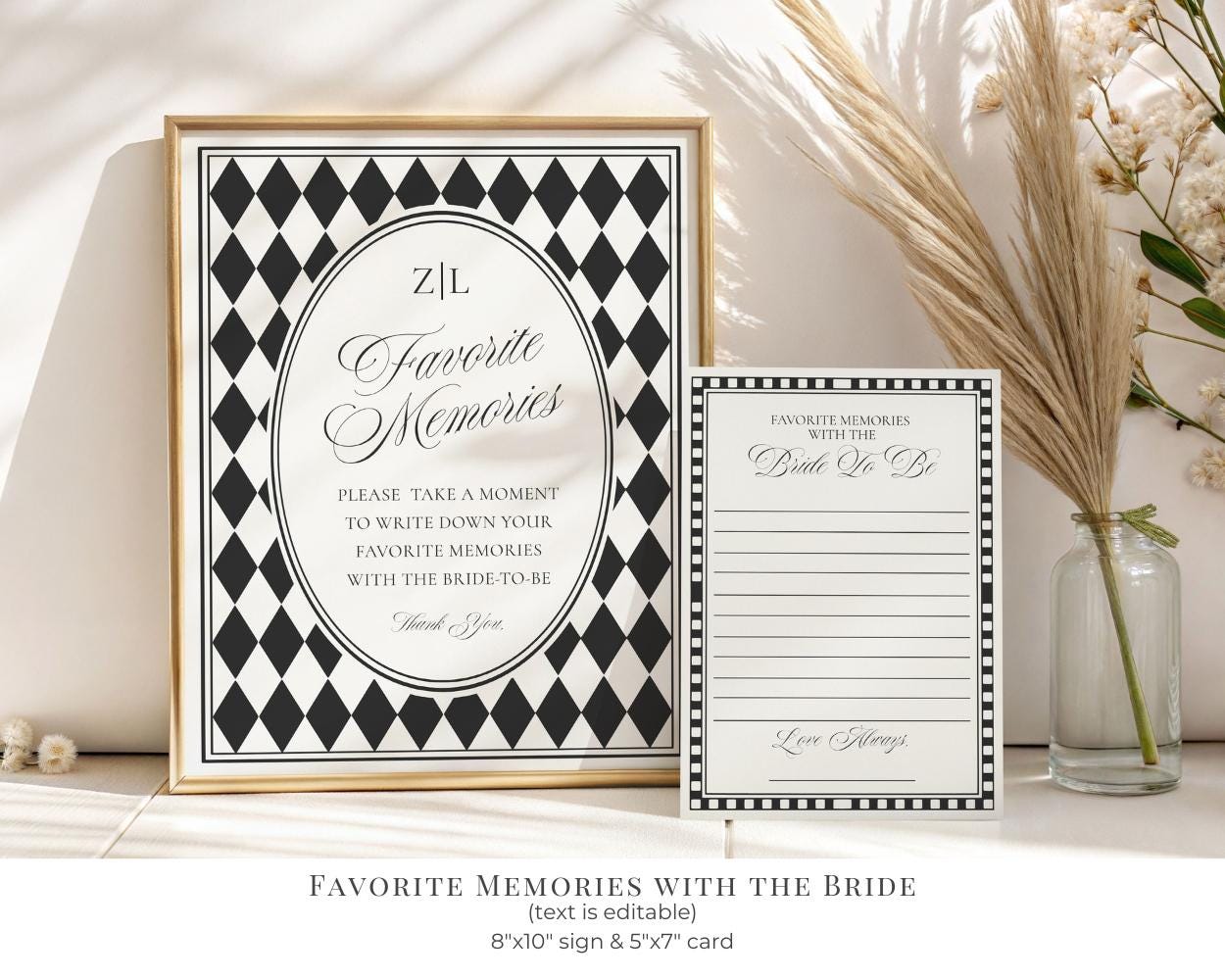 Black Harlequin Pattern Bridal Shower Template Bundle, Checkered Old Money Luxury Bridal Brunch WP1097