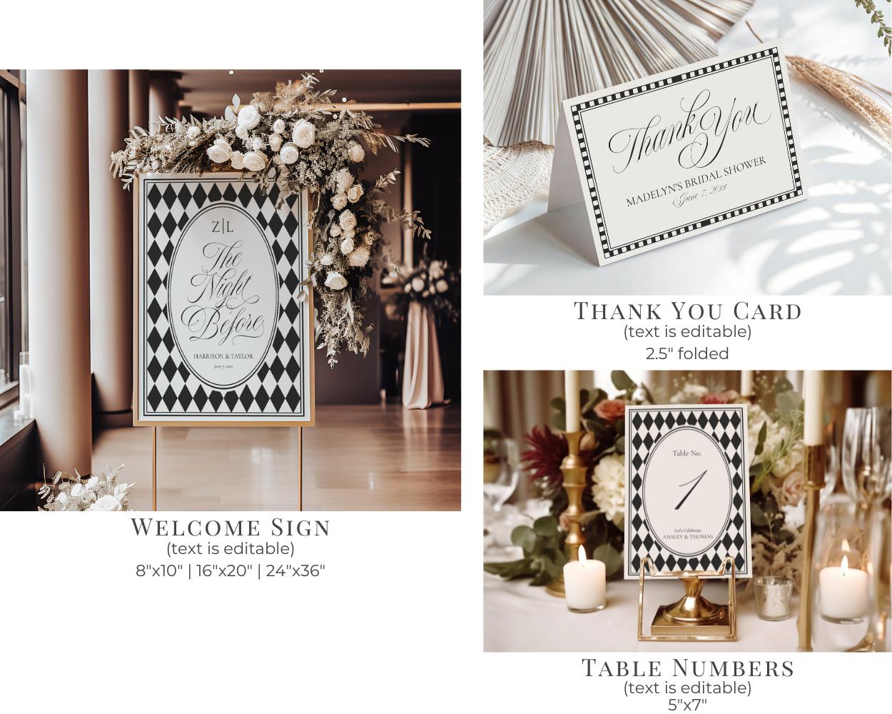 Black Harlequin Pattern Rehearsal Dinner Template Bundle, Checkered Old Money Luxury Night Before Party WP1097