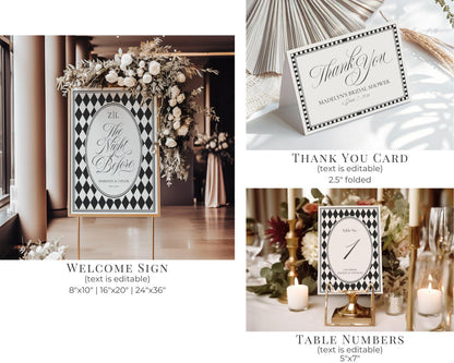 Black Harlequin Pattern Rehearsal Dinner Template Bundle, Checkered Old Money Luxury Night Before Party WP1097