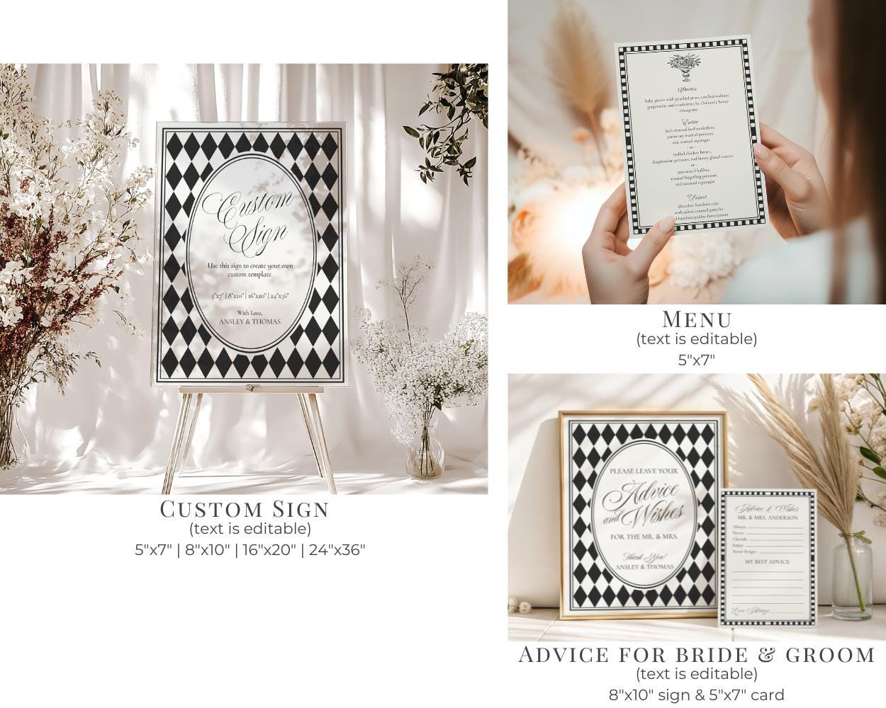 Black Harlequin Pattern Rehearsal Dinner Template Bundle, Checkered Old Money Luxury Night Before Party WP1097